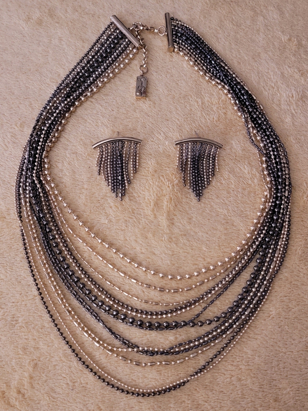 Multi-Strand Hematite and Silver Beaded Necklace with Fringe Earrings